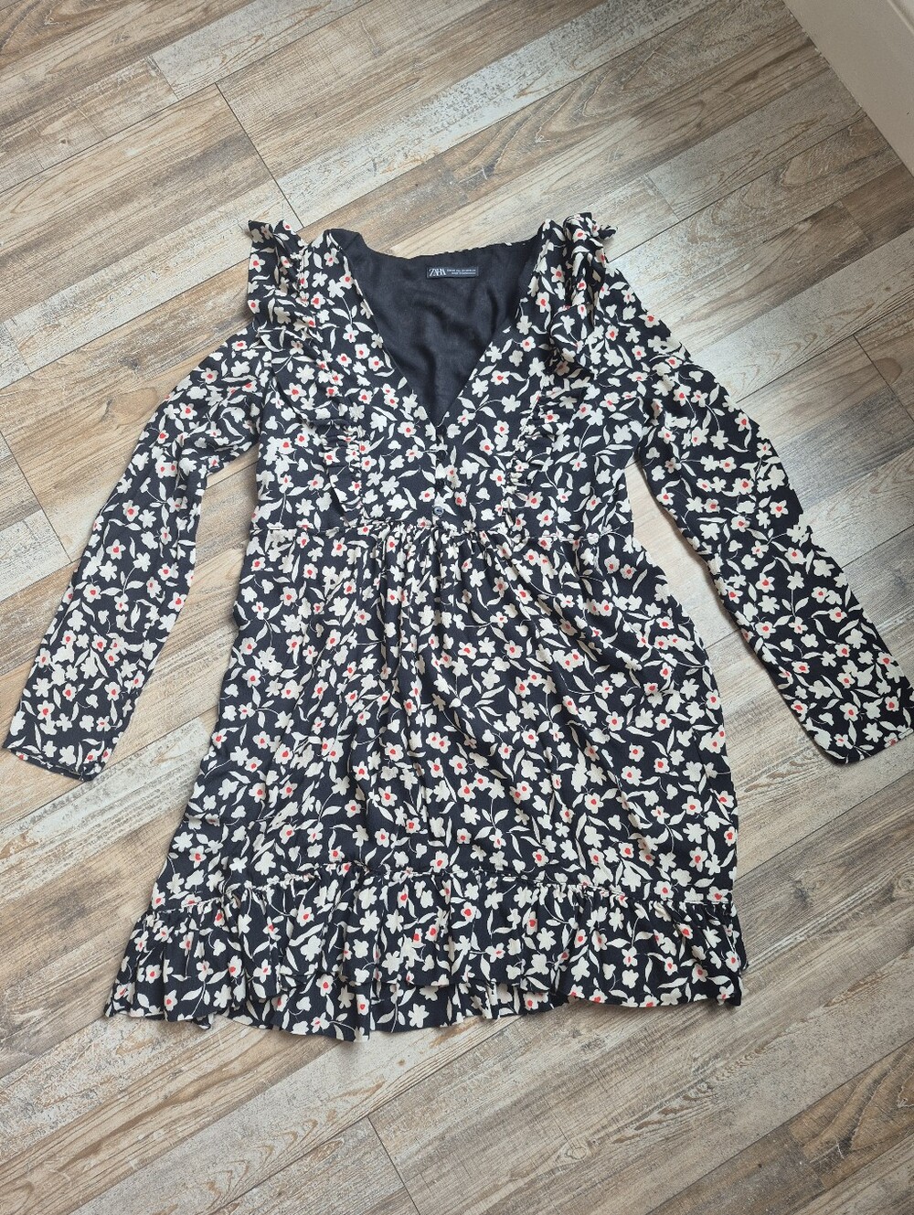Zara Black Floral Ruffle Dress, Size XS